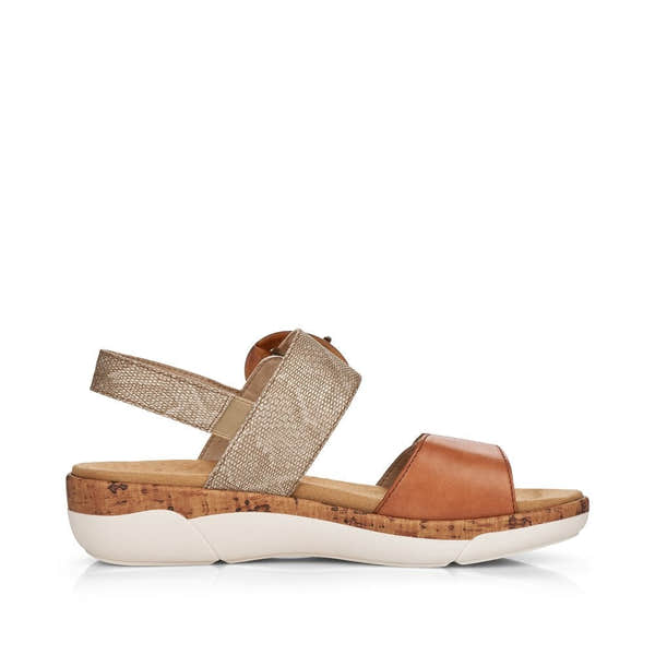 Remonte R6853-90 women's metallic leather touch fastening sandals with cork wedge sole and adjustable strap.