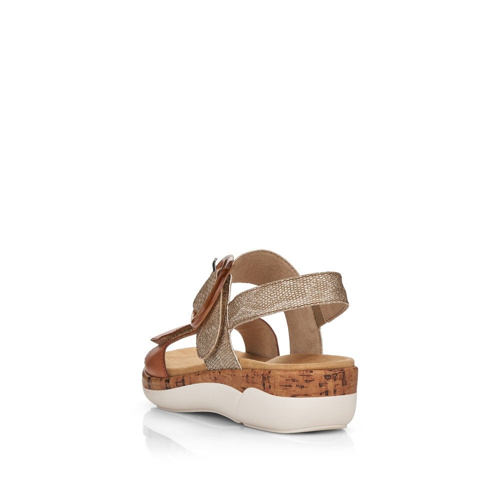 Remonte R6853-90 women's metallic leather touch fastening sandals with cork heel and comfortable platform sole.