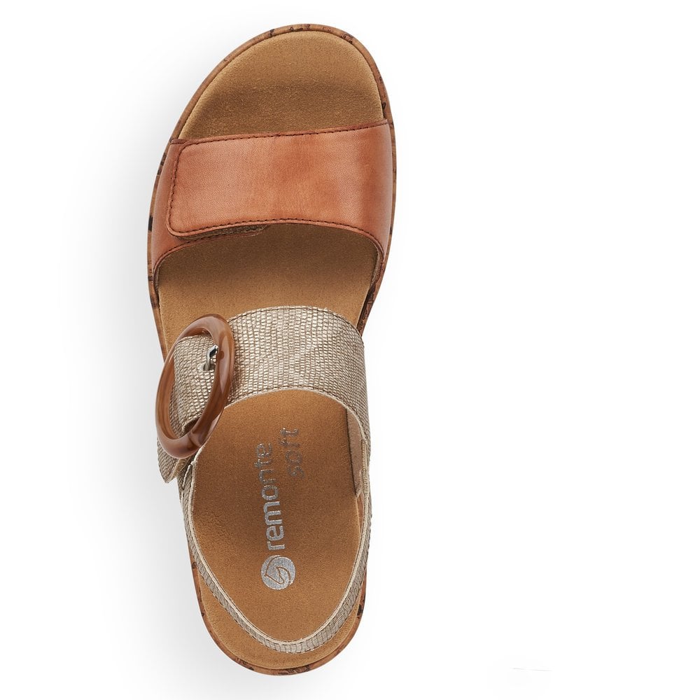 Remonte R6853-90 women's metallic leather touch fastening sandals with beige straps, buckle detail, and cushioned insole.