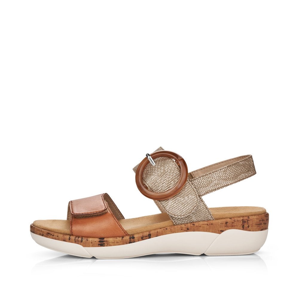 Remonte R6853-90 women's metallic leather touch fastening sandal with cork sole and adjustable ankle strap.