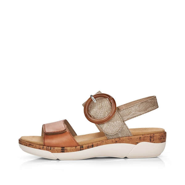 Remonte R6853-90 women's metallic leather touch fastening sandal with cork sole and adjustable ankle strap.