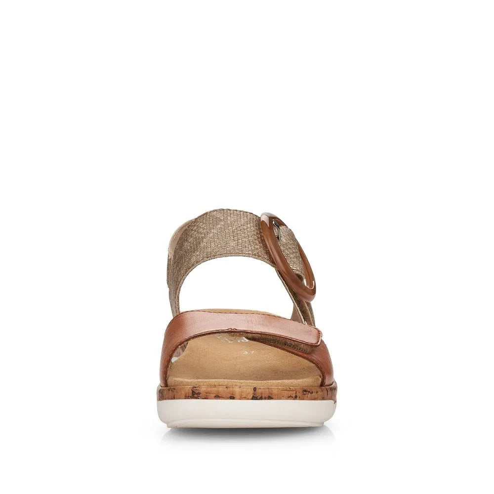 Remonte R6853-90 women's metallic leather touch fastening sandals with buckle strap, cork footbed, and white sole.