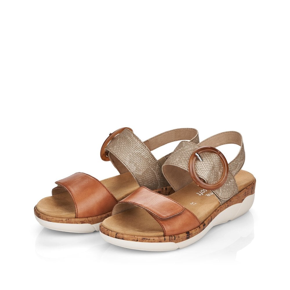 Remonte R6853-90 women's metallic leather touch fastening sandals with cork-wrapped sole and beige straps featuring large circular buckles.