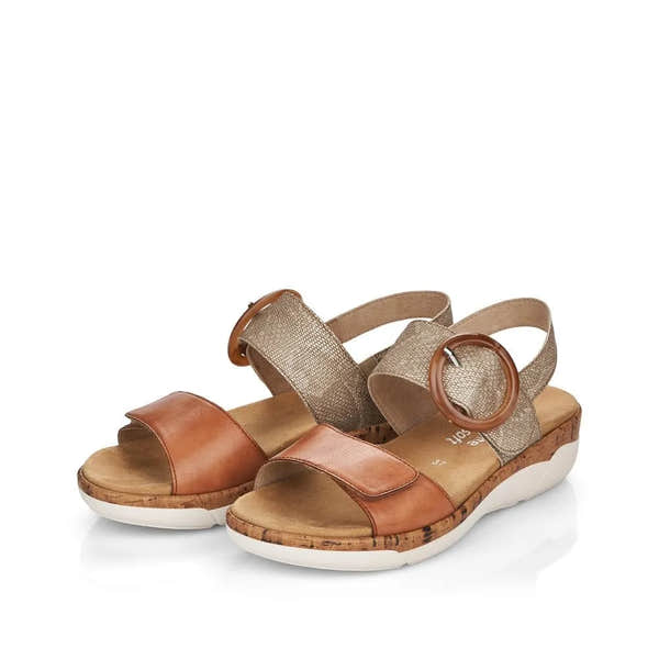 Remonte R6853-90 women's metallic leather touch fastening sandals with cork-wrapped sole and beige straps featuring large circular buckles.