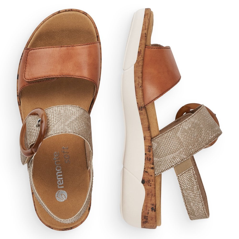 Remonte R6853-90 women's metallic leather touch fastening sandals with cork heel and beige straps, stylish and comfortable summer footwear.