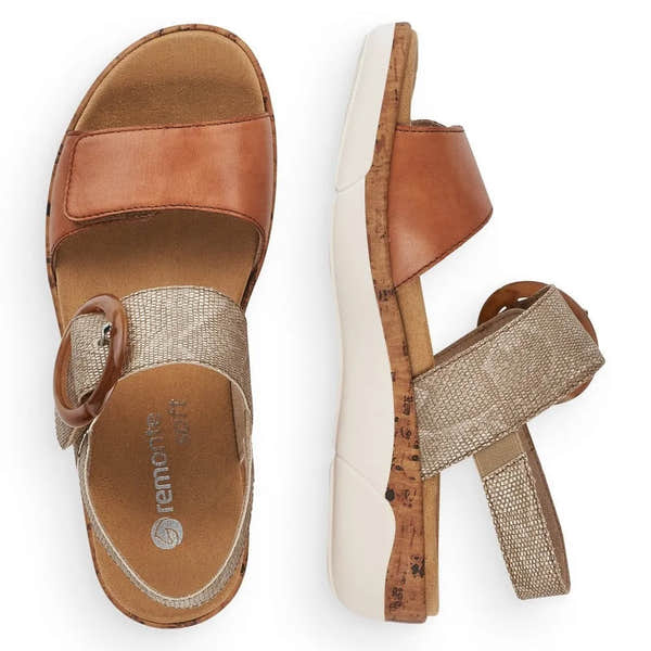 Remonte R6853-90 women's metallic leather touch fastening sandals with cork heel and beige straps, stylish and comfortable summer footwear.