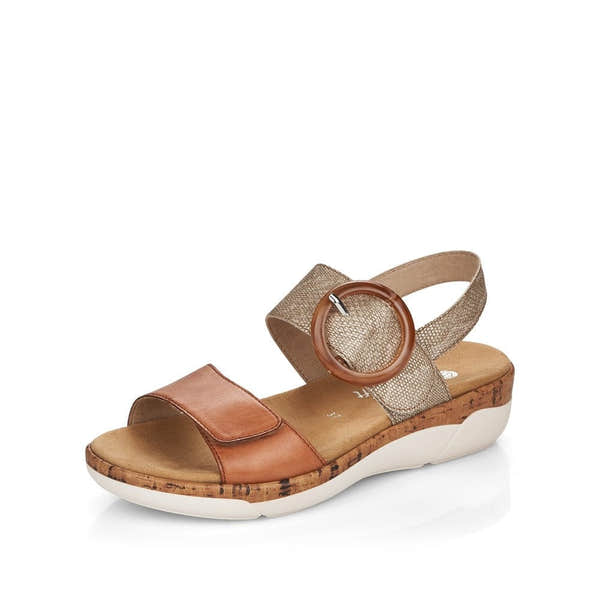 Remonte R6853-90 women's metallic leather touch fastening sandals with cork sole and round chunky buckle.