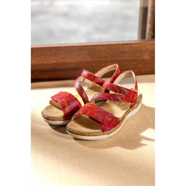 Remonte R6860-90 red women's leather sandals with touch fastenings and cushioned footbed.