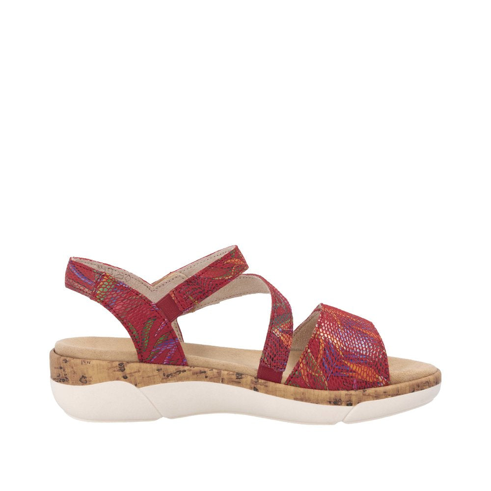 Remonte R6860-90 red leather ladies sandals with touch fastenings, cork and white sole, stylish and comfortable summer footwear.