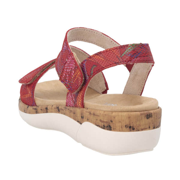 Remonte R6860-90 women's red leather touch fastening sandals with cork sole and comfortable footbed.