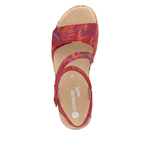 Red ladies' leather touch-fastening sandals with colorful patterned straps and cushioned beige insole.