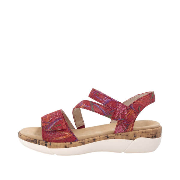 Red leather touch-fastening women's sandals with woven straps, cushioned sole, and platform heel by Remonte R6860-90.