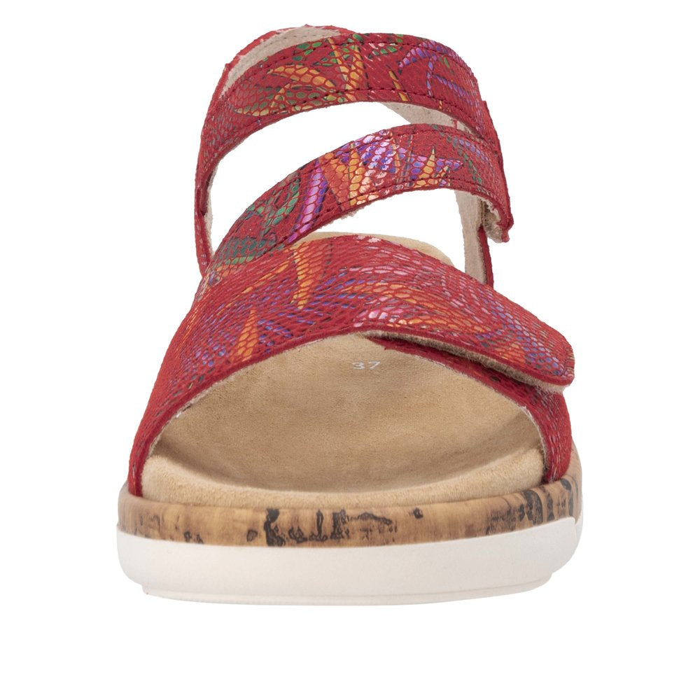Remonte R6860-90 red women's leather touch-fastening sandals with colourful patterned straps and a cork sole.
