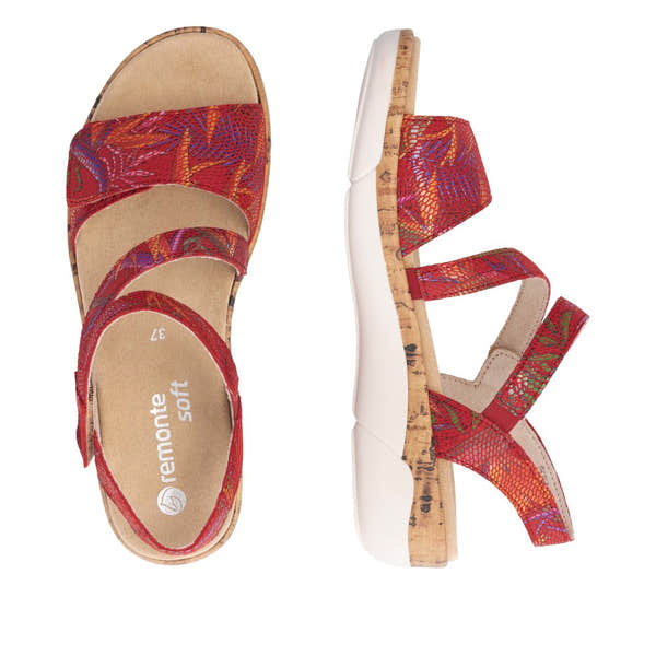 Remonte R6860-90 red ladies leather touch fastening sandals with patterned straps and cork wedge heel.