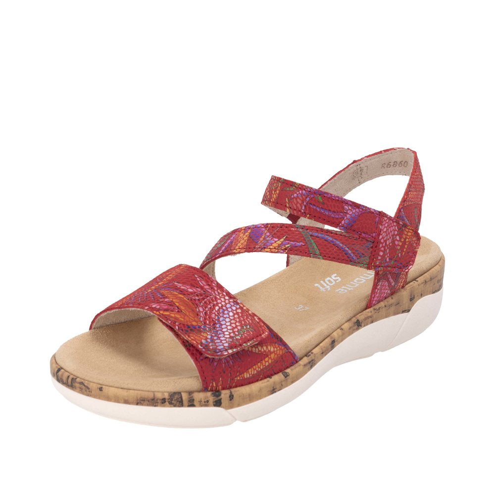 Red leather touch-fastening ladies' sandals with colorful patterns, cushioned insole, cork midsole, and white rubber outsole.