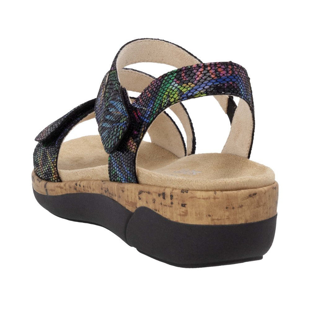 Remonte R6860-91 women's leather touch fastening sandals with multicolored snakeskin straps and cushioned beige footbed.