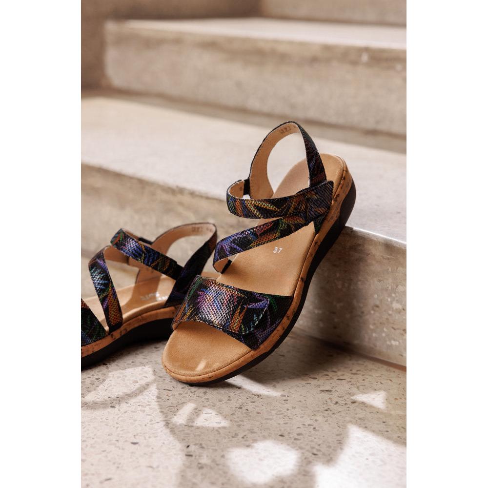 Remonte R6860-91 Multi Women's Leather Touch Fastening Sandals with colorful pattern straps and cushioned footbed.