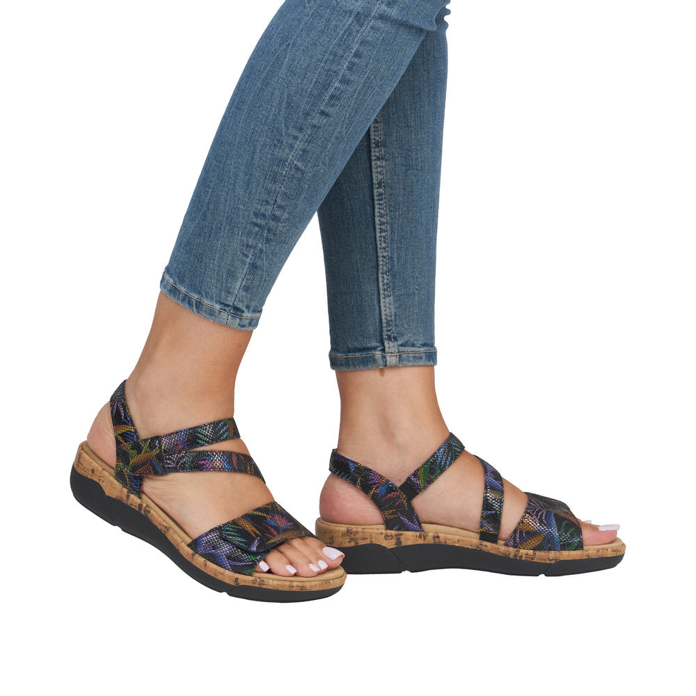 Remonte R6860-91 women’s multi-colored leather touch-fastening sandals with cork soles and adjustable straps.