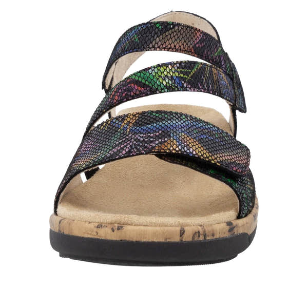 Remonte R6860-91 multi-color leather touch-fastening ladies' sandals with three straps and cushioned beige insole.