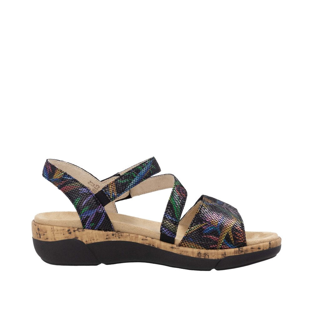Remonte R6860-91 multi-color leather ladies sandals with touch fastening straps and cork wedge sole.