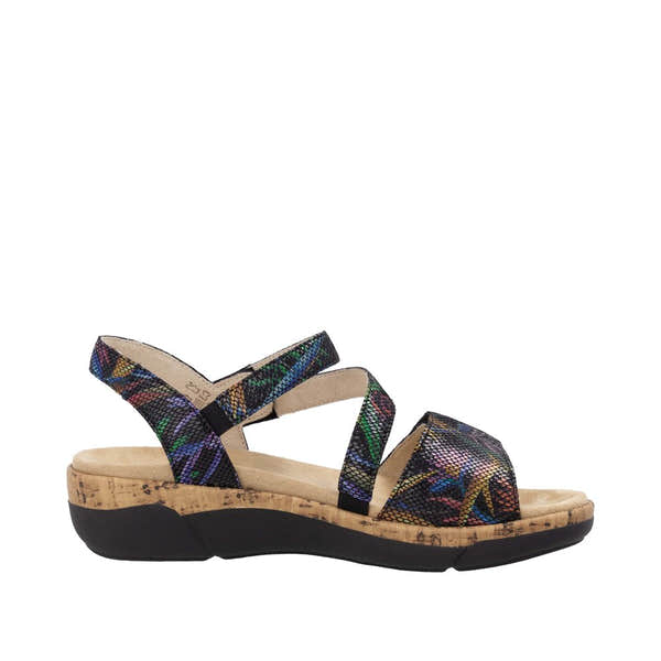 Remonte R6860-91 multi-color leather ladies sandals with touch fastening straps and cork wedge sole.