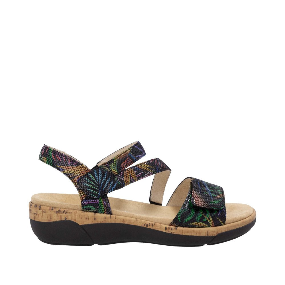 Remonte R6860-91 women's multi-color leather touch fastening sandals with straps, cushioned insole, and cork wedge sole.