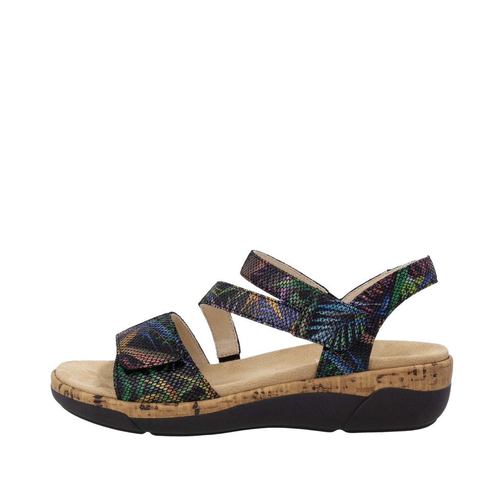 Remonte R6860-91 Multi Ladies Leather Touch Fastening Sandals with colorful patterned straps and cork-inspired sole.
