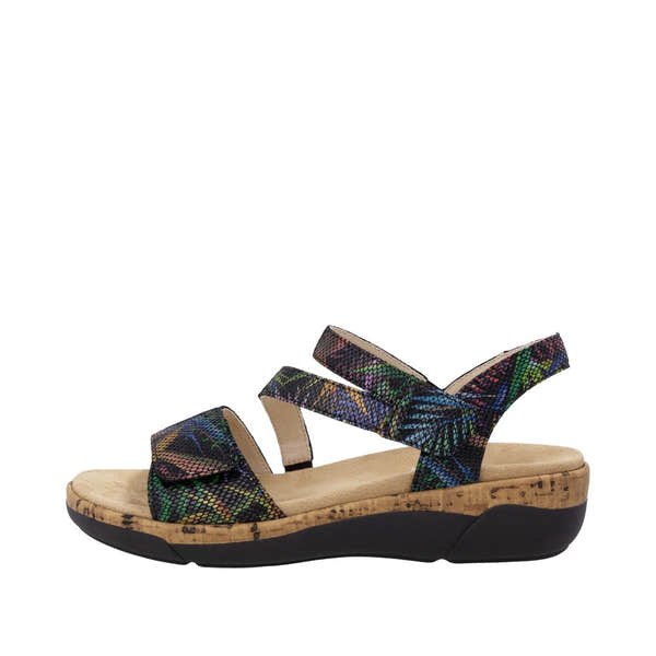 Remonte R6860-91 Multi Ladies Leather Touch Fastening Sandals with colorful patterned straps and cork-inspired sole.