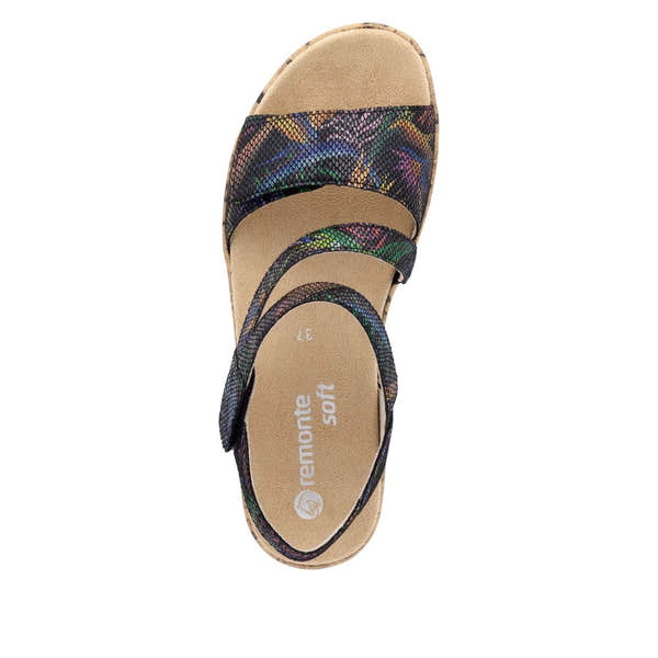 Remonte R6860-91 women's leather touch fastening sandals with multi-colored reptile print straps and beige cushioned sole.