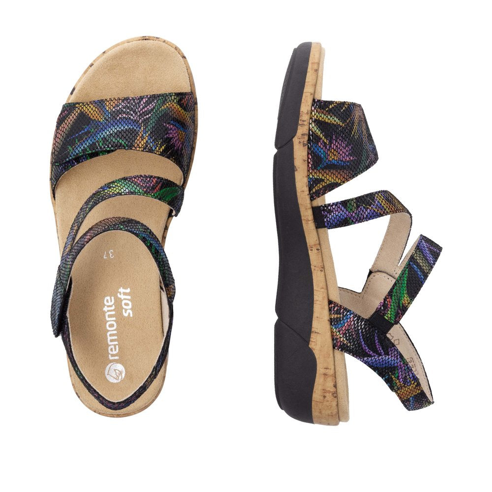 Remonte R6860-91 Multi Ladies Leather Touch Fastening Sandals with colorful reptile print straps and cork sole.