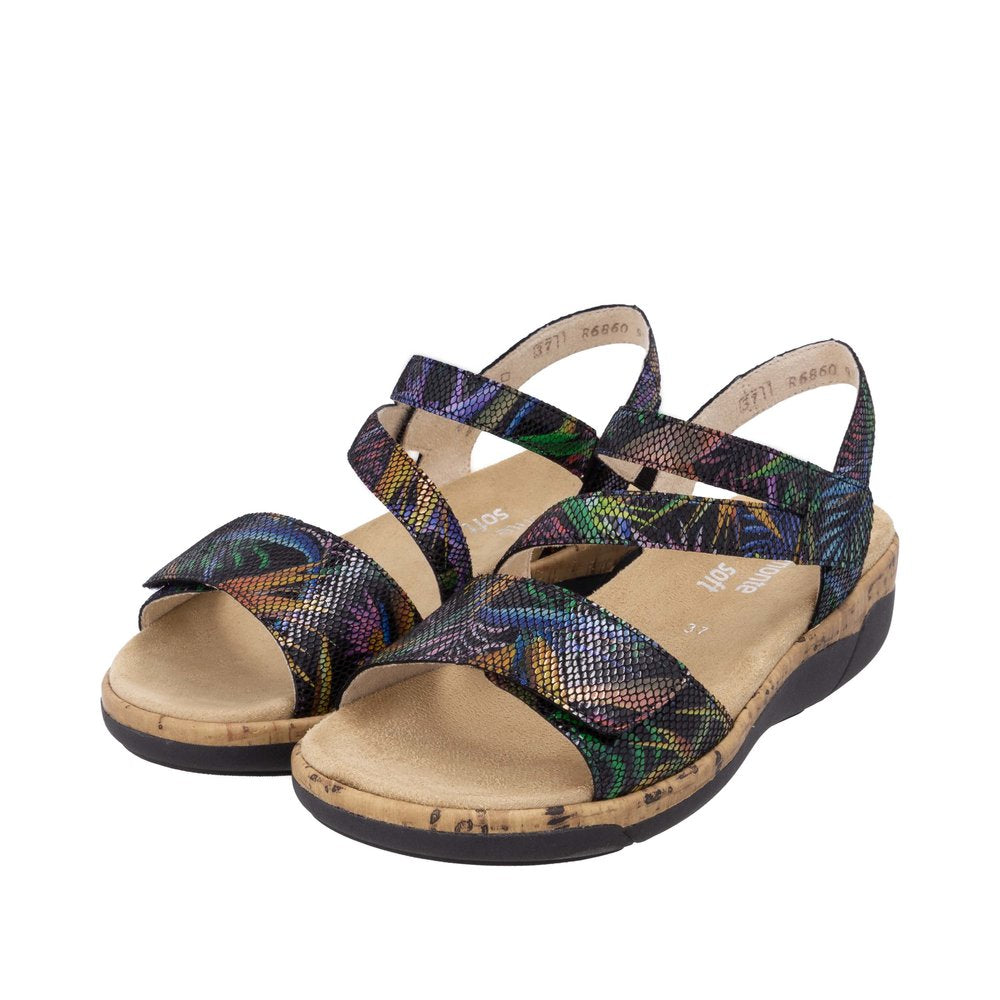 Remonte R6860-91 women's leather sandals with multi-color snakeskin pattern, touch fastening, cushioned insole, and wedge sole.