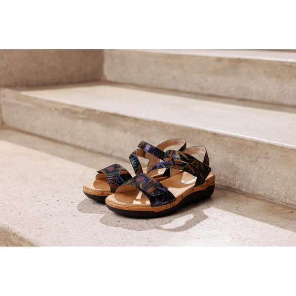 Remonte R6860-91 multi-color leather touch fastening ladies' sandals on stone stairs, casual open-toe summer footwear.