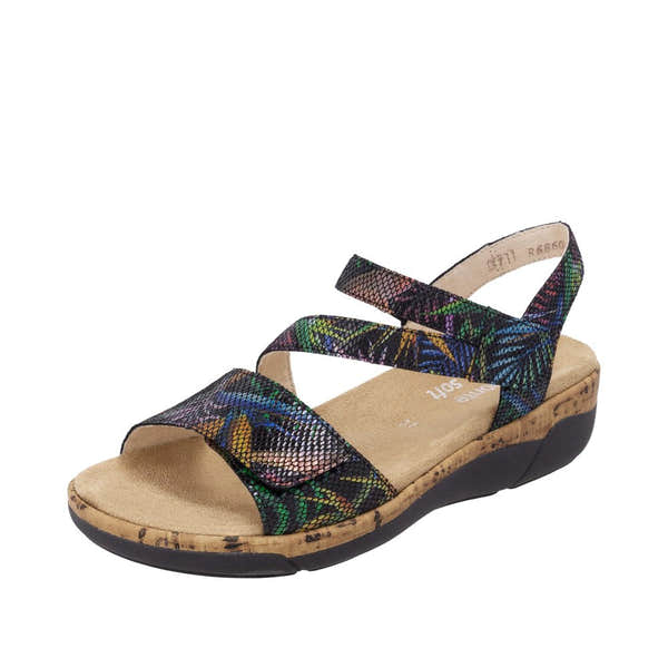 Remonte R6860-91 women’s leather touch-fastening sandals with multicolor butterfly print straps, cushioned footbed, and cork-wrapped wedge heel.