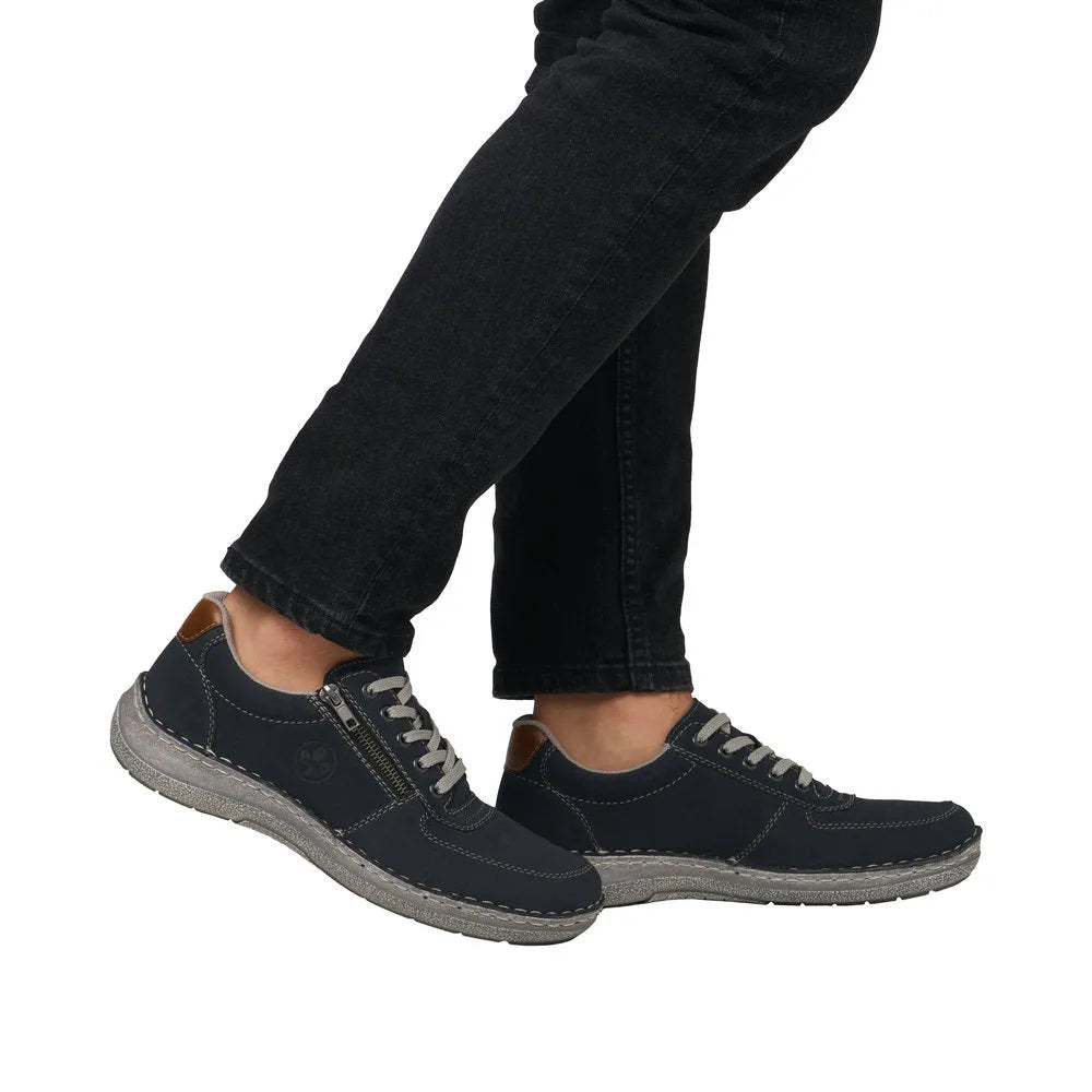 Rieker 03030-14 men's wide navy lace-up shoes with zip, detailed stitching, and cushioned sole.
