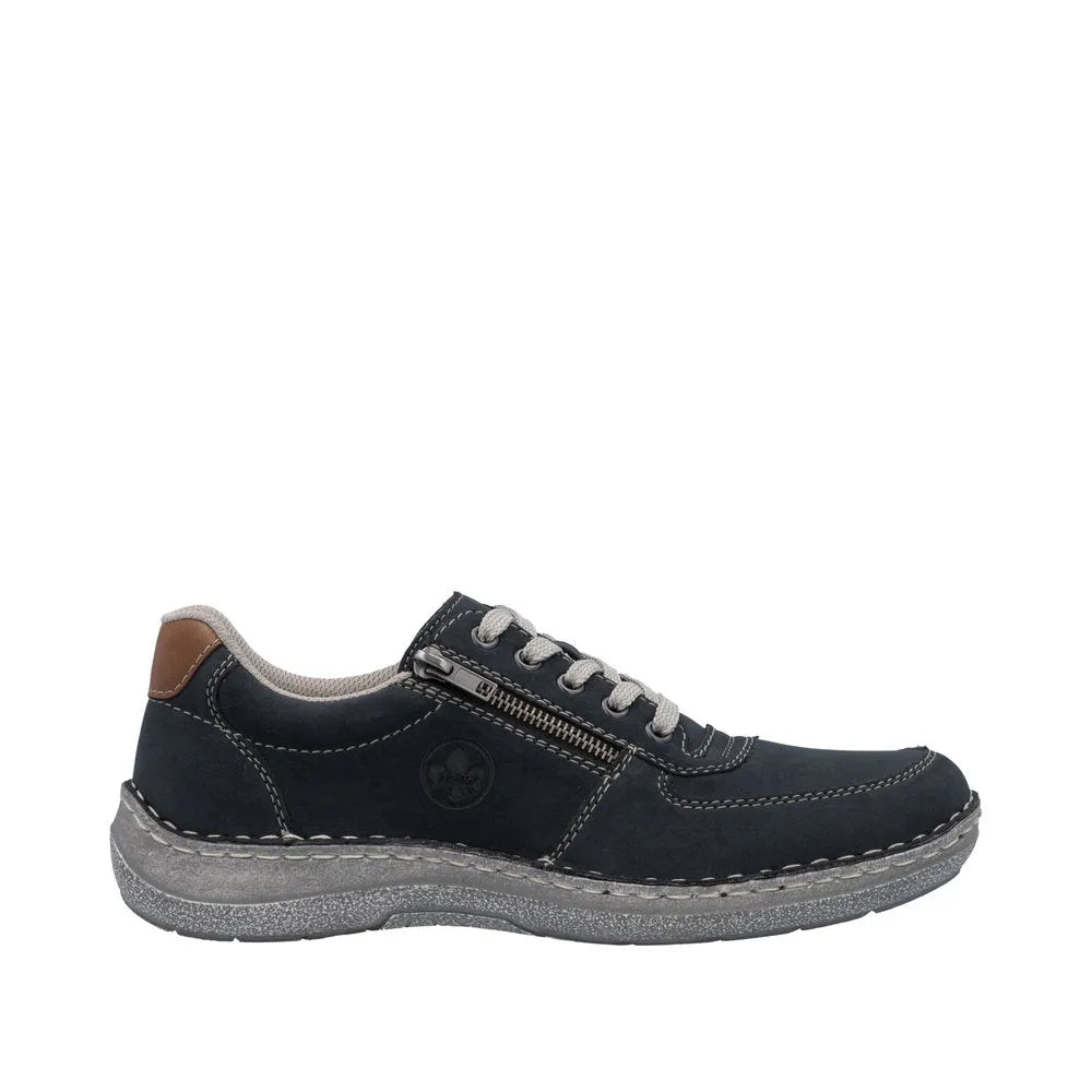 Rieker 03030-14 men's wide navy lace-up shoes with zip, cushioned sole, and brown heel detail.