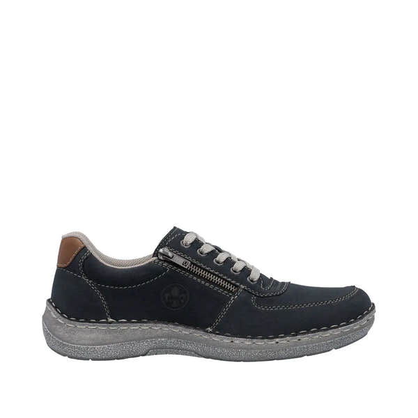 Rieker 03030-14 men's wide navy lace-up shoes with zip, cushioned sole, and brown heel detail.