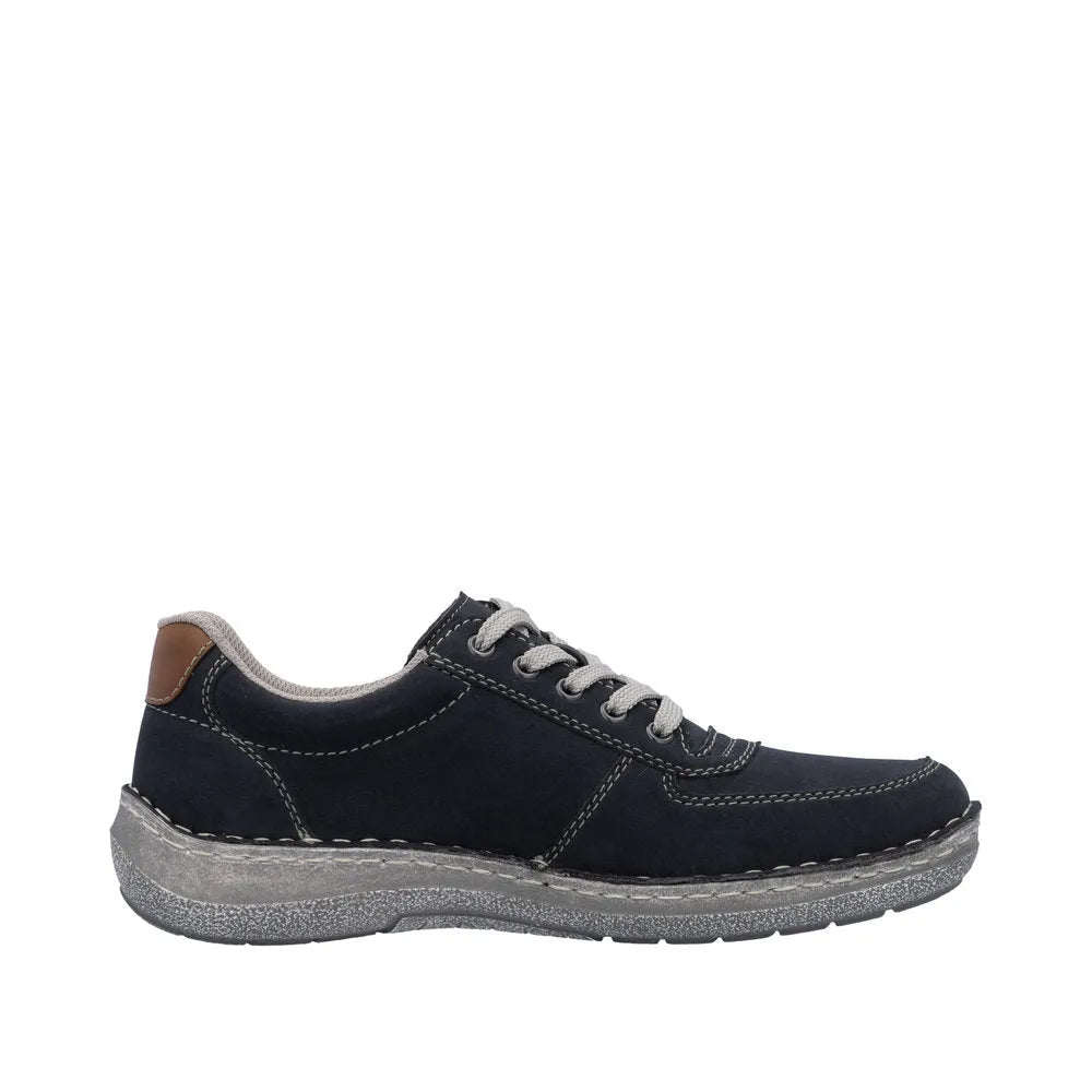 Rieker 03030-14 men's navy wide lace-up shoes with zip closure, suede-like material, cushioned collar, and textured gray sole.