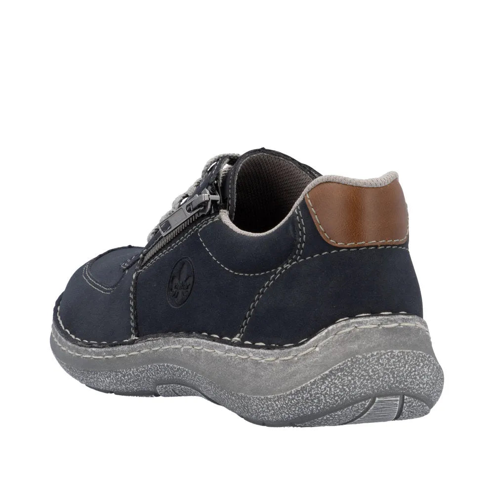 Rieker 03030-14 men's navy wide fit lace-up shoes with zipper, cushioned sole, and brown heel accent.