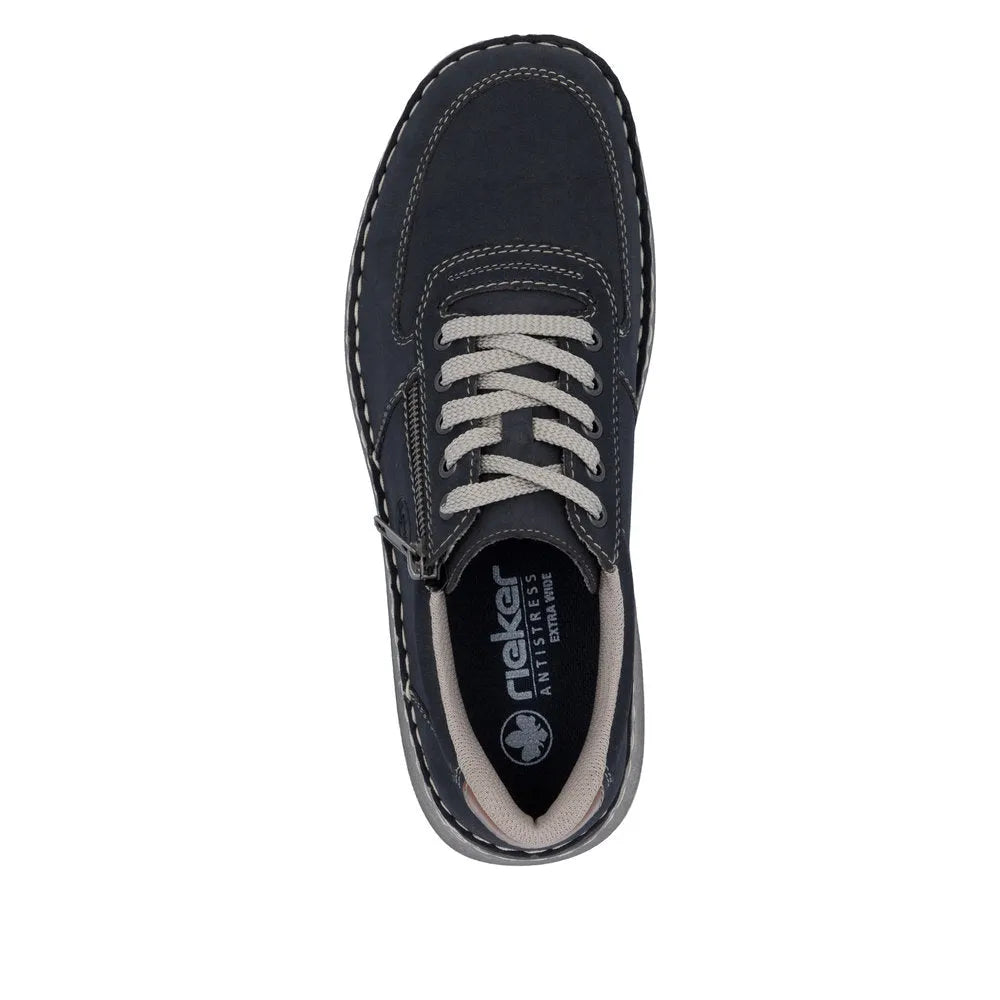 Rieker 03030-14 men's navy wide lace-up shoes with zipper, cushioned interior, and durable rubber sole.