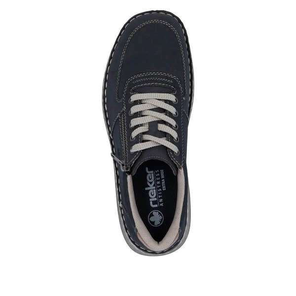 Rieker 03030-14 men's navy wide lace-up shoes with zipper, cushioned interior, and durable rubber sole.