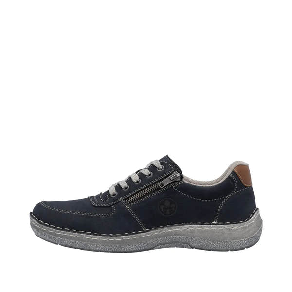 Men's navy lace-up shoes with side zipper, cushioned collar, textured gray sole, and brown heel tab by Rieker.