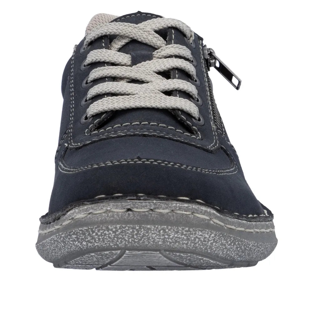 Rieker 03030-14 men's wide navy lace-up shoes with zip, cushioned sole, and textured outsole.