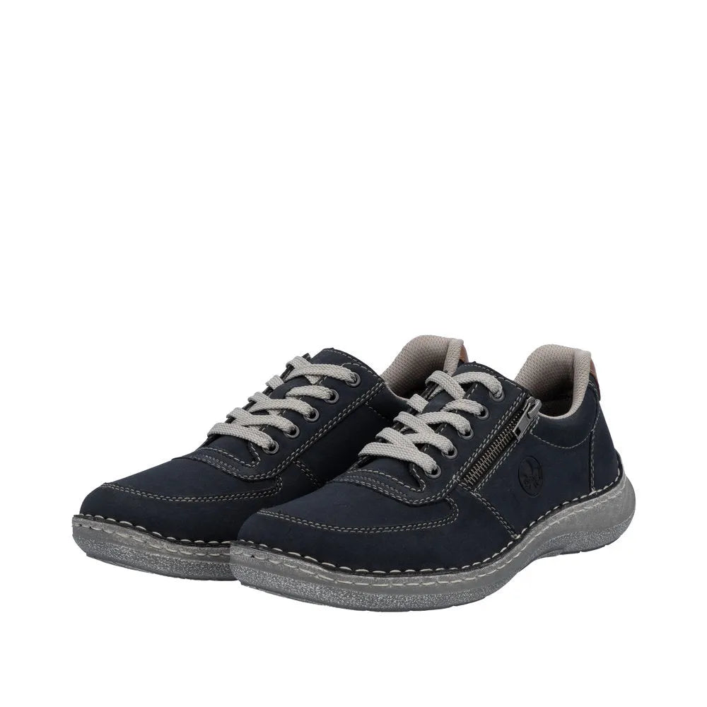 Rieker 03030-14 Men's wide navy lace-up shoes with side zipper, cushioned interior, and sporty rubber sole.
