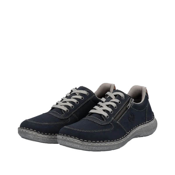 Rieker 03030-14 Men's wide navy lace-up shoes with side zipper, cushioned interior, and sporty rubber sole.