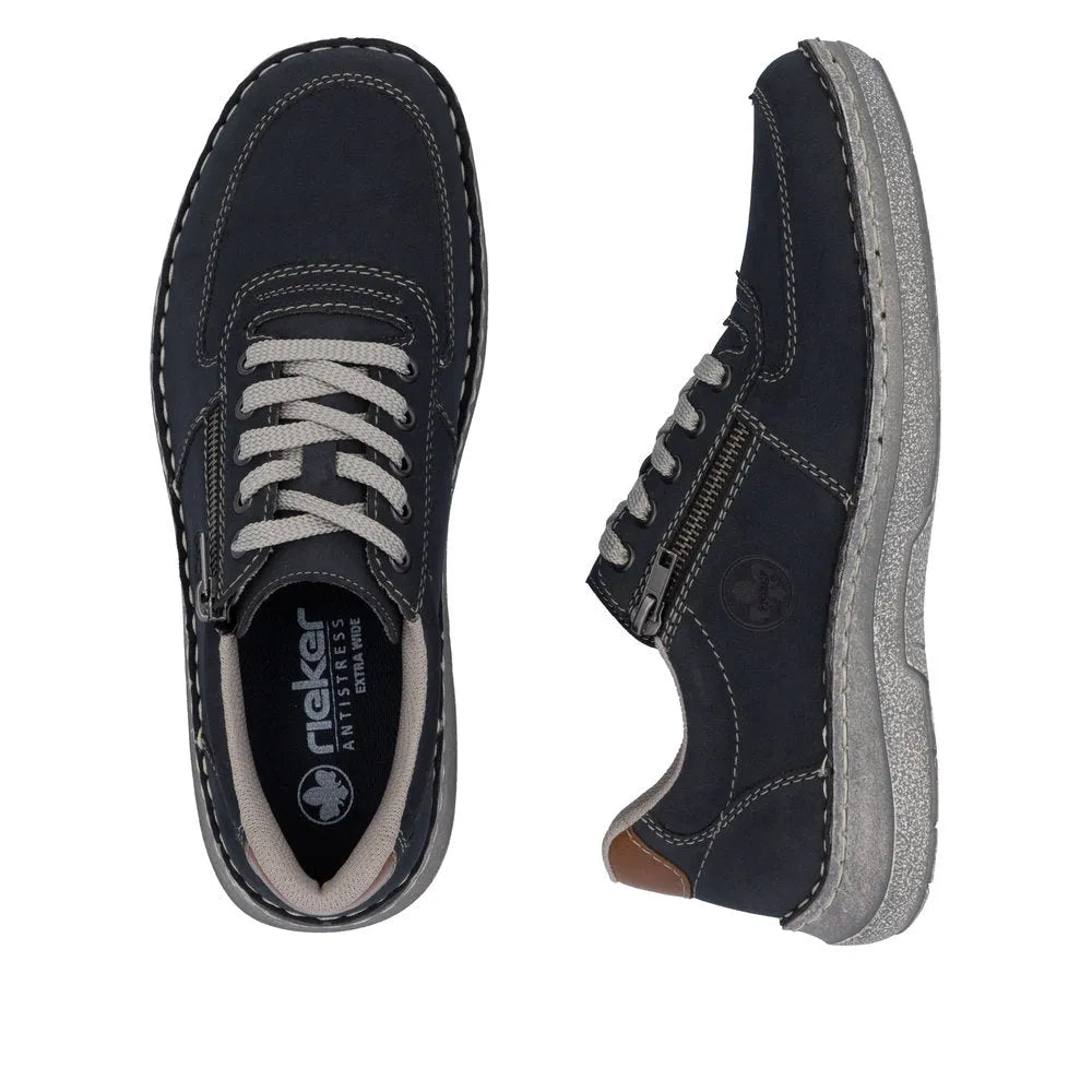 Rieker men's navy wide lace-up shoes with zipper, cushioned sole, and casual sporty design.