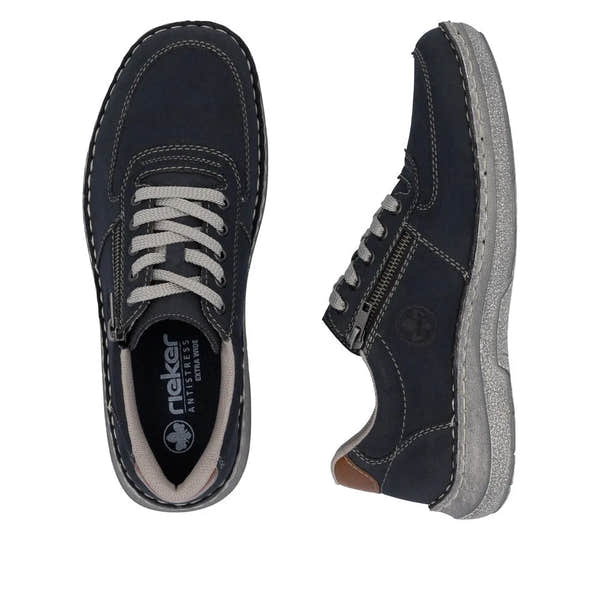 Rieker men's navy wide lace-up shoes with zipper, cushioned sole, and casual sporty design.