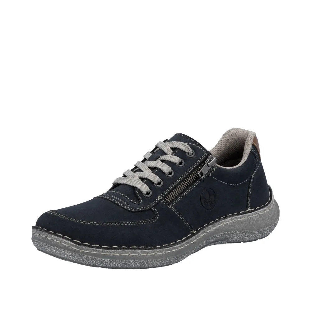 Rieker 03030-14 men's navy lace-up shoes with side zipper, wide fit, cushioned interior, and casual composite sole.
