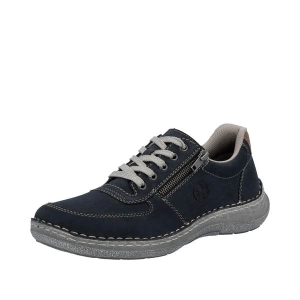 Rieker 03030-14 men's navy lace-up shoes with side zipper, wide fit, cushioned interior, and casual composite sole.