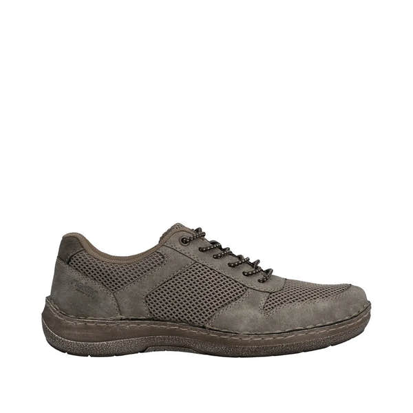Rieker 03089-64 men's wide grey elasticated casual shoes with leather and mesh material, lace-up front, and cushioned sole.