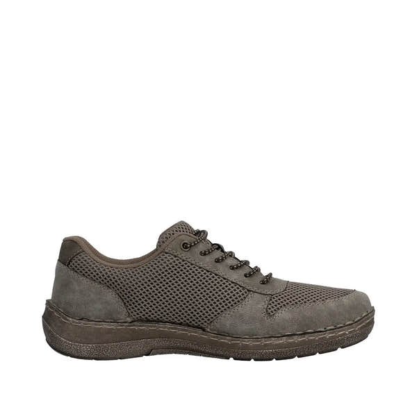 Men's wide grey elasticated casual shoes with mesh and leather panels, lace-up design, and cushioned sole.